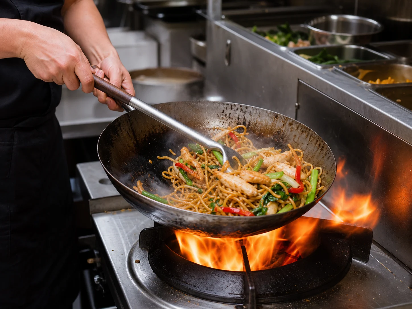 Frische Nudeln und Gemüse werden über offener Flamme im Wok zubereitet